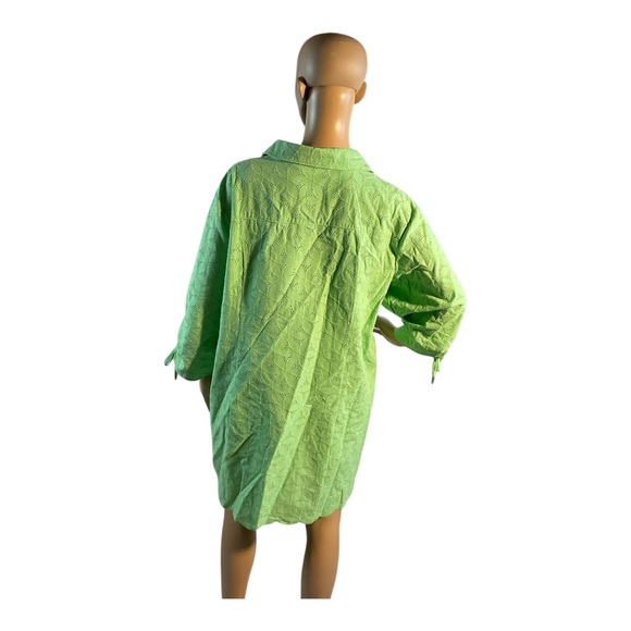 Susan Graver Women’s Tunic Top Green Tie Sleeve Collar Button Front Eyelet 1X - Picture 5 of 15